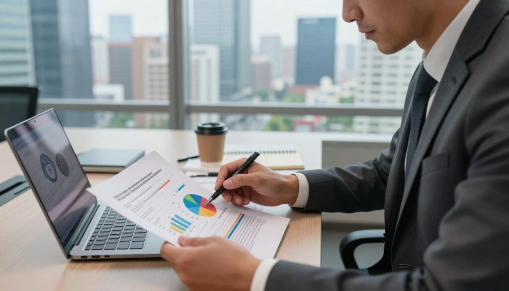 A professional soccer player in a modern office environment, dressed in a tailored business suit, analyzing detailed financial documents and graphs on a sleek laptop. In the foreground, a close-up of the player intently reviewing a chart that highlights various components of player salaries, such as performance bonuses, endorsements, and contract conditions. The middle layer features a stylish desk with a notepad and a coffee cup, while the background shows a vibrant cityscape through large windows, reflecting the hustle and bustle outside. Soft natural light illuminates the room, creating a focused and motivating atmosphere, emphasizing the professionalism and financial aspects of a sports career.