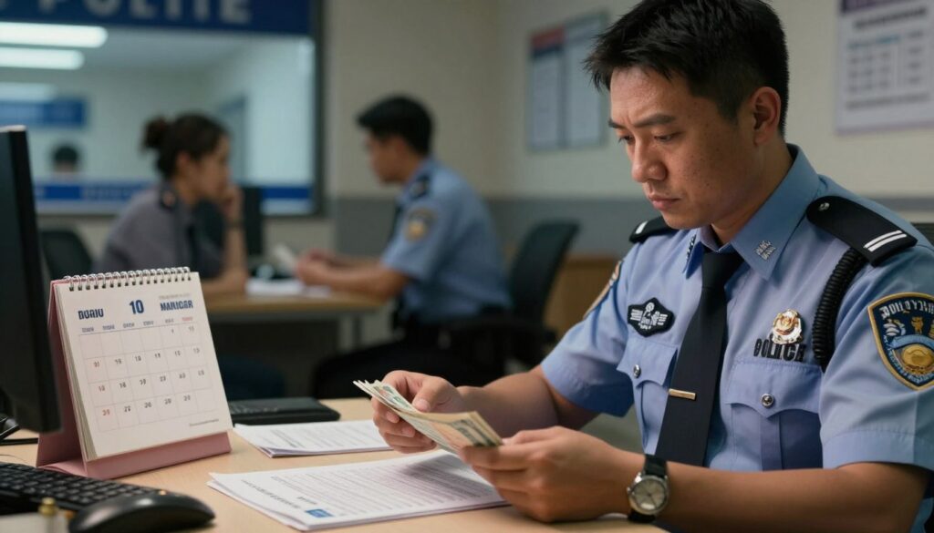 A realistic scene depicting financial challenges faced by police officers. The foreground features a thoughtful officer in a crisp uniform, analyzing a stack of bills and financial documents at a small desk. In the middle ground, a dimly lit office environment reflects the stress of balancing work and personal finances, with a calendar marked with paydays and important deadlines. The background shows a blurred view of a police station, with colleagues engaged in discussions. Soft, warm lighting creates an atmosphere of contemplation and seriousness, while the lens captures a close-up view from a slightly elevated angle, emphasizing the officer's focused expression and the weight of financial responsibilities. A realistic scene depicting financial challenges faced by police officers. The foreground features a thoughtful officer in a crisp uniform, analyzing a stack of bills and financial documents at a small desk. In the middle ground, a dimly lit office environment reflects the stress of balancing work and personal finances, with a calendar marked with paydays and important deadlines. The background shows a blurred view of a police station, with colleagues engaged in discussions. Soft, warm lighting creates an atmosphere of contemplation and seriousness, while the lens captures a close-up view from a slightly elevated angle, emphasizing the officer's focused expression and the weight of financial responsibilities.