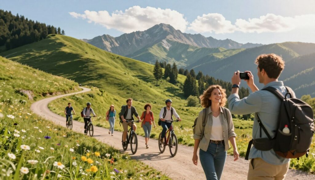 A scenic outdoor landscape showcasing recreational tourism, featuring a group of diverse individuals in professional and casual attire engaged in various activities like hiking, cycling, and enjoying nature. In the foreground, show a couple of people with backpacks, smiling and taking photos of the beautiful surroundings. The middle ground should depict a winding path leading through lush green hills dotted with trees and wildflowers, inviting exploration. In the background, majestic mountains rise under a clear blue sky with fluffy clouds, creating a sense of tranquility. The lighting should be warm and inviting, capturing the essence of a sunny day, with soft shadows adding depth. Aim for a vibrant, optimistic mood that emphasizes the joy of outdoor exploration and leisure.