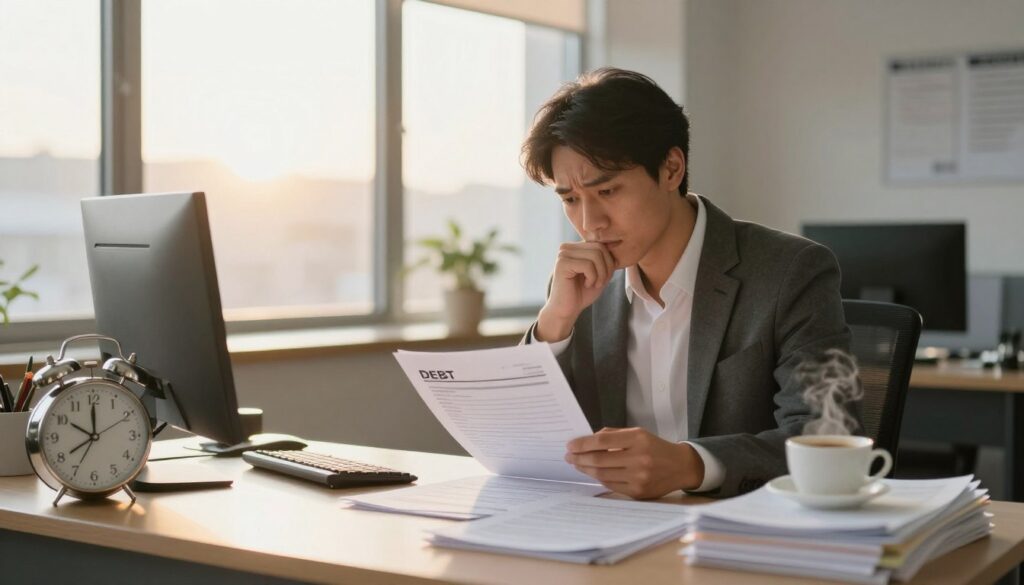A serene office setting at dawn, symbolizing the concept of debt expiration. In the foreground, a neatly arranged desk with stacks of paperwork, a clock showing early morning hours, and a steaming cup of coffee, conveying a sense of new beginnings. In the middle, a thoughtful professional dressed in business attire, reviewing documents with an expression of relief, representing the resolution of debt. The background features soft, golden light filtering through large windows, illuminating the organized office space. The atmosphere is calm and hopeful, suggesting a fresh start and closure on financial burdens. The image is framed with a slight depth of field for emphasis, creating an inviting and professional mood. A serene office setting at dawn, symbolizing the concept of debt expiration. In the foreground, a neatly arranged desk with stacks of paperwork, a clock showing early morning hours, and a steaming cup of coffee, conveying a sense of new beginnings. In the middle, a thoughtful professional dressed in business attire, reviewing documents with an expression of relief, representing the resolution of debt. The background features soft, golden light filtering through large windows, illuminating the organized office space. The atmosphere is calm and hopeful, suggesting a fresh start and closure on financial burdens. The image is framed with a slight depth of field for emphasis, creating an inviting and professional mood.