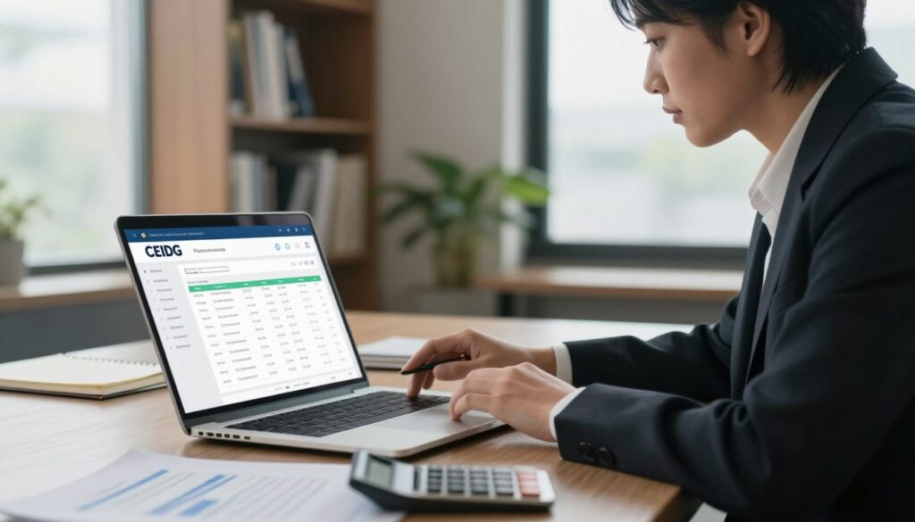 A serene, professional office environment showcasing the concept of CEIDG (Central Registration and Information on Business) verification. In the foreground, an open laptop displays a sleek interface of the CEIDG database with highlighted data fields, surrounded by business-related documents like a notepad and a calculator. In the middle, a focused business professional, dressed in smart attire, is examining the laptop screen, showing a look of concentration and determination. In the background, soft natural light filters through a large window, illuminating a bookshelf filled with business literature. The atmosphere is calm and focused, embodying diligence and professionalism, with a slight depth of field effect to emphasize the foreground details.