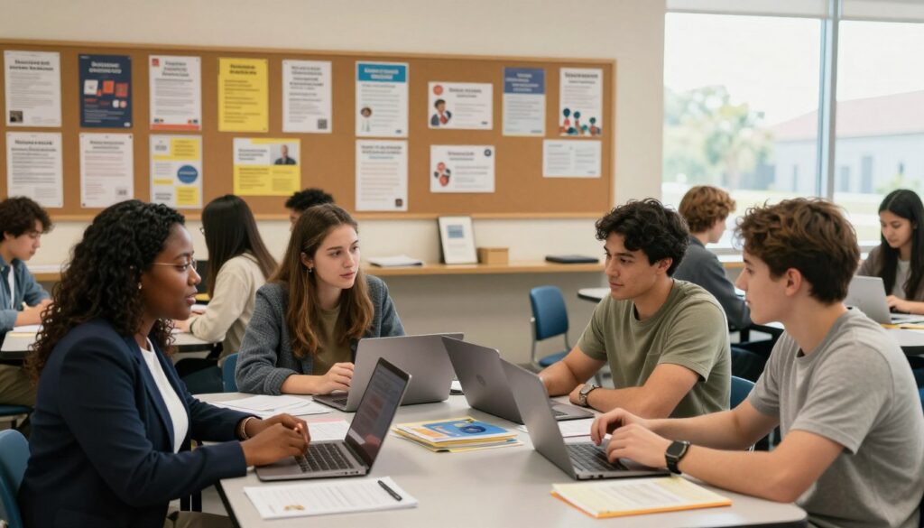 A serene study environment showcasing support programs for students with disabilities. In the foreground, a diverse group of students, including a Black female student in professional attire and a Caucasian male student in modest casual wear, are engaged in discussions around a table filled with laptops and resource materials. The middle ground features a bulletin board showcasing various support program brochures and scholarships, emphasizing accessibility and assistance. In the background, large windows let in warm, natural light, creating an inviting atmosphere. The overall mood is collaborative and uplifting, highlighting inclusivity and support in education. Use a cozy, wide-angle lens to capture the entire scene and ensure clarity in the details. A serene study environment showcasing support programs for students with disabilities. In the foreground, a diverse group of students, including a Black female student in professional attire and a Caucasian male student in modest casual wear, are engaged in discussions around a table filled with laptops and resource materials. The middle ground features a bulletin board showcasing various support program brochures and scholarships, emphasizing accessibility and assistance. In the background, large windows let in warm, natural light, creating an inviting atmosphere. The overall mood is collaborative and uplifting, highlighting inclusivity and support in education. Use a cozy, wide-angle lens to capture the entire scene and ensure clarity in the details.