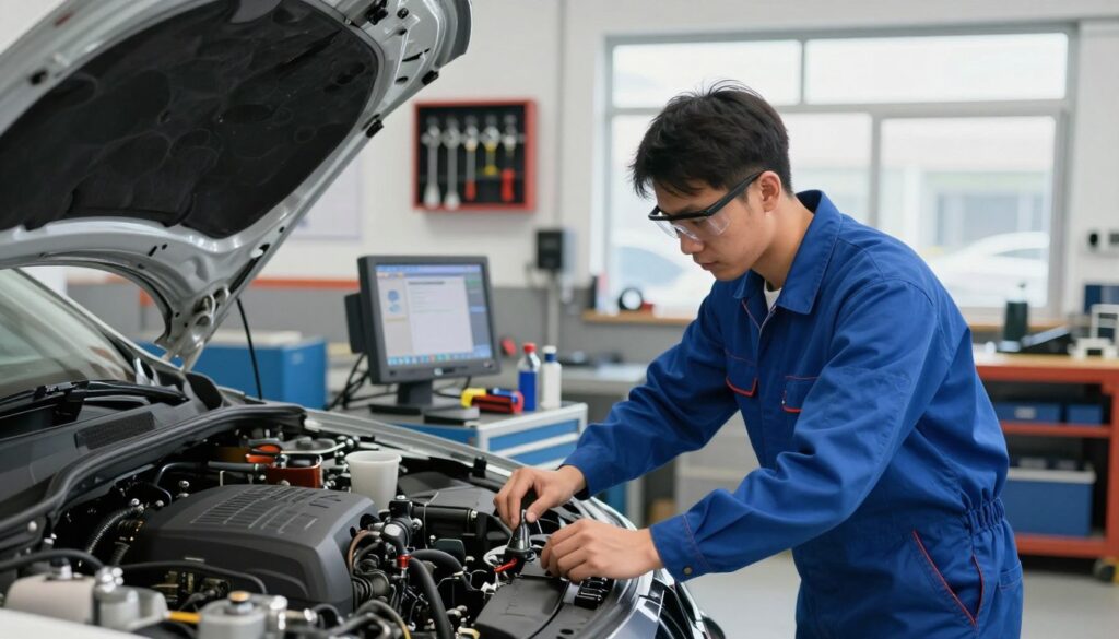 A skilled automotive mechanic working diligently in a modern workshop, surrounded by an array of high-tech tools and equipment. In the foreground, the mechanic, dressed in a neat blue coverall and safety glasses, is focused on diagnosing a car engine on a lift. The mechanic's concentration highlights the precision needed in this career path. In the middle, various automotive parts, diagnostic screens, and a hanging tool organizer showcase advanced tools of the trade, symbolizing career development. The background features a bright, well-lit workshop with organized shelves and a large window filtering in natural light, creating an inspiring atmosphere. The mood is professional and industrious, highlighting the advancements in the automotive industry. The scene is captured from a slight angle to showcase depth and activity within the space. A skilled automotive mechanic working diligently in a modern workshop, surrounded by an array of high-tech tools and equipment. In the foreground, the mechanic, dressed in a neat blue coverall and safety glasses, is focused on diagnosing a car engine on a lift. The mechanic's concentration highlights the precision needed in this career path. In the middle, various automotive parts, diagnostic screens, and a hanging tool organizer showcase advanced tools of the trade, symbolizing career development. The background features a bright, well-lit workshop with organized shelves and a large window filtering in natural light, creating an inspiring atmosphere. The mood is professional and industrious, highlighting the advancements in the automotive industry. The scene is captured from a slight angle to showcase depth and activity within the space.