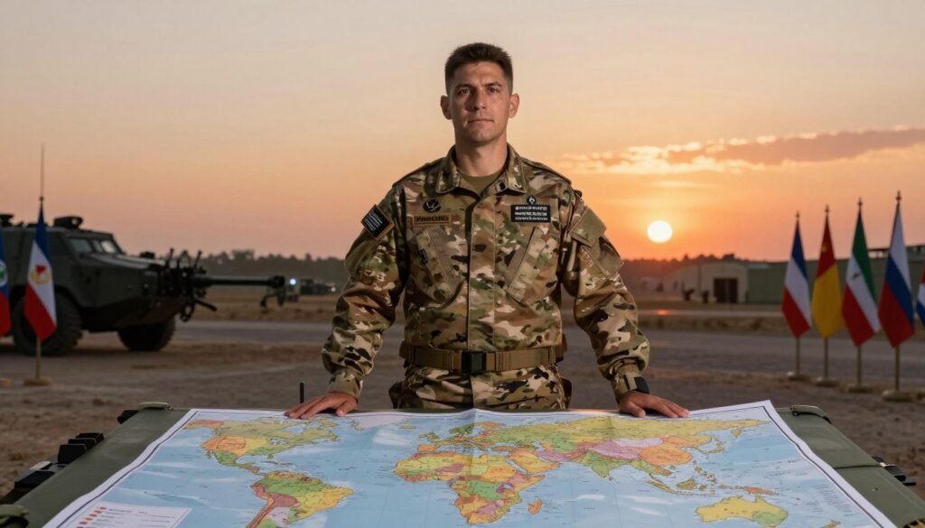 A soldier in professional military attire, standing confidently in the foreground, with a map laid out on a table, indicating different regions of conflict around the world. The middle ground features elements like military equipment and National flags from various countries. The background displays a scene of a distant military base under a vibrant sunset, casting warm tones over the landscape. Soft, dramatic lighting highlights the soldier’s focused expression, symbolizing determination and duty. The overall mood is serious yet hopeful, reflecting the importance of military contributions in different regions. A panoramic view captured with a wide-angle lens enhances the sense of scale and context, inviting viewers to consider the vastness of the soldier's mission.