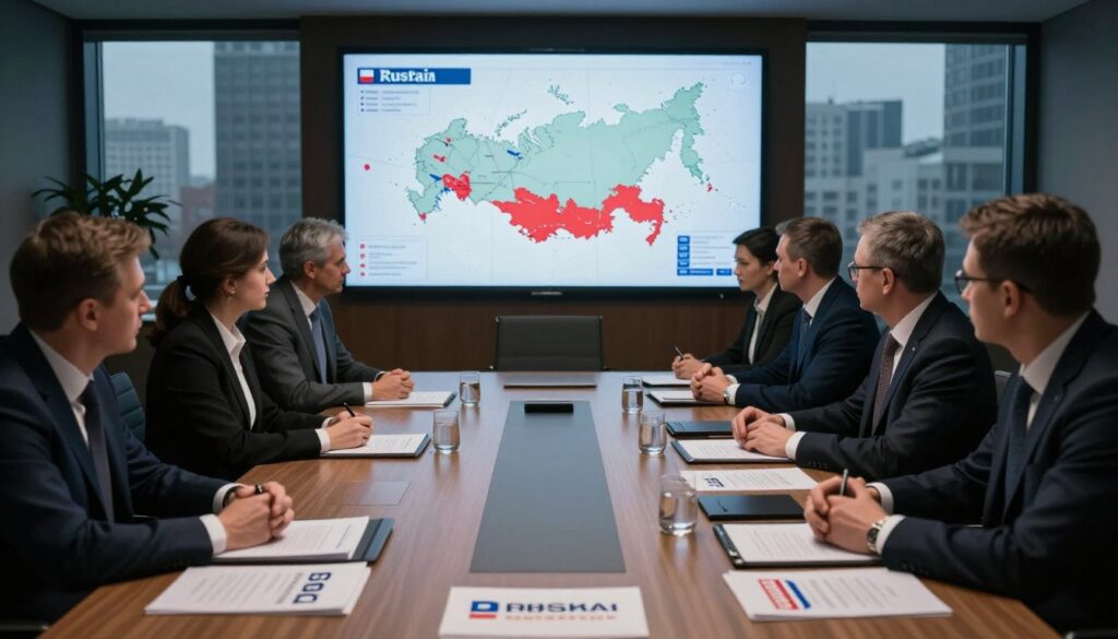 A somber office environment showcasing a large conference table surrounded by professional business people in formal attire, engaged in a serious meeting. In the foreground, individual papers with logos of Polish companies prominently displayed, symbolizing their controversial presence in the Russian market. The middle ground features a large digital screen displaying a map of Russia with highlighted areas representing the companies' activities. The background includes darkened windows showing a gloomy urban skyline, creating an atmosphere of tension and disappointment. The lighting is soft yet dramatic, casting shadows that emphasize the stark reality of corporate decisions. The overall mood is serious, reflecting the significance of the topic at hand. A somber office environment showcasing a large conference table surrounded by professional business people in formal attire, engaged in a serious meeting. In the foreground, individual papers with logos of Polish companies prominently displayed, symbolizing their controversial presence in the Russian market. The middle ground features a large digital screen displaying a map of Russia with highlighted areas representing the companies' activities. The background includes darkened windows showing a gloomy urban skyline, creating an atmosphere of tension and disappointment. The lighting is soft yet dramatic, casting shadows that emphasize the stark reality of corporate decisions. The overall mood is serious, reflecting the significance of the topic at hand.