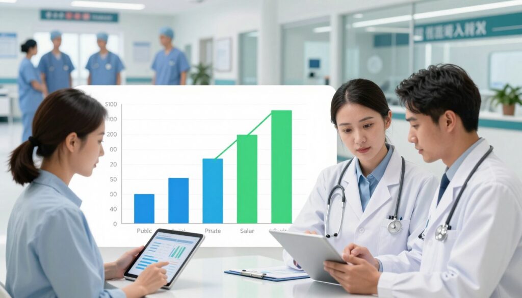 A split-image illustration showcasing the differences in salaries between public and private sectors for radiologists. In the foreground, a professional male and female radiologist dressed in business attire are analyzing financial charts on a tablet. In the middle, a graph contrasts salary figures, with the public sector depicted in calming blue tones and the private sector in vibrant green tones, suggesting higher earnings. In the background, two hospital settings are visible: one a bustling public hospital with blue scrubs and a sense of teamwork, the other a sleek private facility with modern architecture and a more individualistic ambiance. Soft, natural lighting enhances the professionalism, emanating a mood of careful analysis and comparison. The composition invites the viewer to reflect on the significant differences in earnings. A split-image illustration showcasing the differences in salaries between public and private sectors for radiologists. In the foreground, a professional male and female radiologist dressed in business attire are analyzing financial charts on a tablet. In the middle, a graph contrasts salary figures, with the public sector depicted in calming blue tones and the private sector in vibrant green tones, suggesting higher earnings. In the background, two hospital settings are visible: one a bustling public hospital with blue scrubs and a sense of teamwork, the other a sleek private facility with modern architecture and a more individualistic ambiance. Soft, natural lighting enhances the professionalism, emanating a mood of careful analysis and comparison. The composition invites the viewer to reflect on the significant differences in earnings.