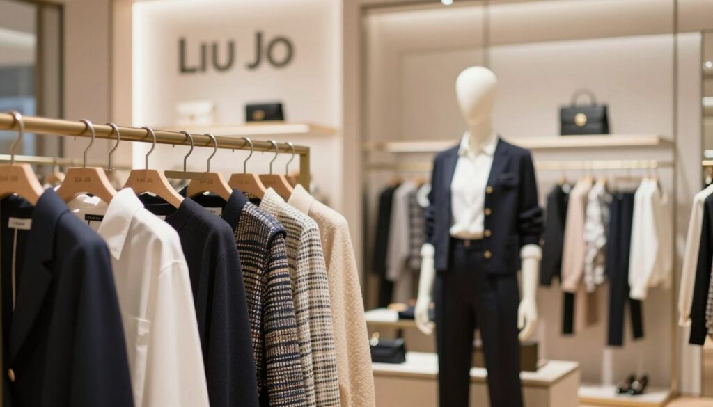 A stylish and elegant fashion store interior showcasing the "Liu Jo" brand in a sophisticated manner. In the foreground, display a beautifully arranged garment rack with chic clothing pieces, emphasizing the Italian design aesthetic. In the middle ground, feature a well-dressed mannequin adorned with a signature Liu Jo outfit, representing contemporary Italian fashion. The background should have soft, warm lighting, accentuating the luxury atmosphere, with delicate accent decor that reflects Italian craftsmanship. Capture the scene with a shallow depth of field, creating a soft bokeh effect that highlights the clothing while the store environment subtly fades. The mood should be inviting and stylish, evoking a sense of high-end fashion with an emphasis on the pronunciation and appreciation of the Liu Jo brand name. A stylish and elegant fashion store interior showcasing the "Liu Jo" brand in a sophisticated manner. In the foreground, display a beautifully arranged garment rack with chic clothing pieces, emphasizing the Italian design aesthetic. In the middle ground, feature a well-dressed mannequin adorned with a signature Liu Jo outfit, representing contemporary Italian fashion. The background should have soft, warm lighting, accentuating the luxury atmosphere, with delicate accent decor that reflects Italian craftsmanship. Capture the scene with a shallow depth of field, creating a soft bokeh effect that highlights the clothing while the store environment subtly fades. The mood should be inviting and stylish, evoking a sense of high-end fashion with an emphasis on the pronunciation and appreciation of the Liu Jo brand name.