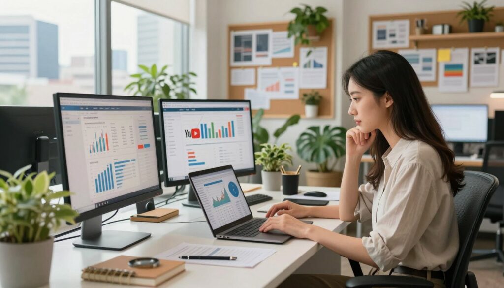 A stylish, modern workspace filled with digital devices representing income sources, such as computers showing YouTube analytics and advertising platforms. In the foreground, a professional young woman in modest casual attire sits at a sleek desk, thoughtfully analyzing financial charts on her laptop. The middle ground features a vision board with creative project ideas pinned up, surrounded by plants for a fresh, inspiring atmosphere. In the background, large windows reveal a bustling city skyline, symbolizing ambition and success. Warm, natural lighting pours in, creating an inviting yet professional mood. The camera angle is slightly elevated to capture both the individual and the vibrant environment. The overall atmosphere is dynamic and aspirational, perfect for illustrating themes of income analysis and entrepreneurial spirit.