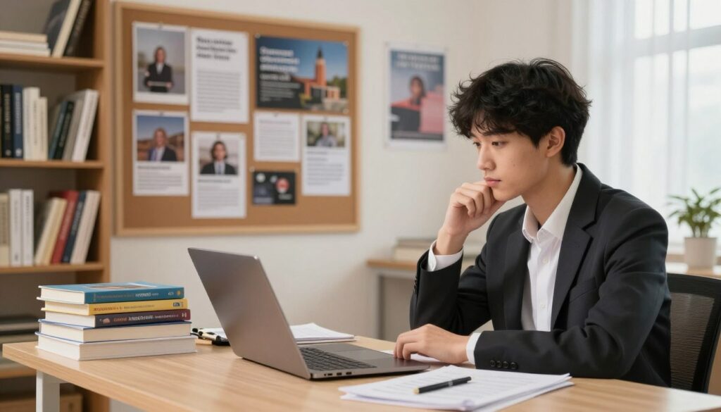 A thoughtfully arranged study space depicting a student's decision-making process for choosing a field of study. In the foreground, a young adult in professional business attire is seated at a desk, surrounded by an open laptop, stacks of textbooks, and notes, reflecting study materials for various academic disciplines. The middle ground features an inspirational bulletin board pinned with images and articles representing different study programs, suggesting possibilities and aspirations. The background is softly blurred, showcasing a cozy, well-lit room with bookshelves filled with books and motivational posters. Warm, natural light filters through a window, creating an inviting atmosphere. The overall mood conveys intrigue and determination, captured from a slightly elevated angle to emphasize the study space's organization and clarity.