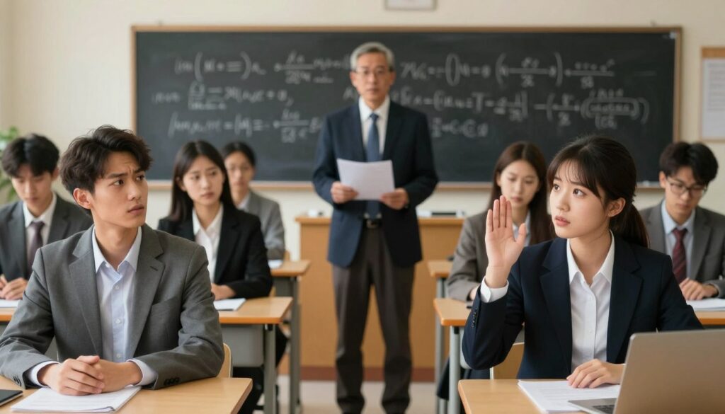 A university examination room setting, featuring a diverse group of students in professional business attire. In the foreground, a student is raising their hand to discuss an extension for their session, looking concerned yet hopeful. In the middle of the scene, a professor stands at a podium, looking attentively at the student while holding a stack of exam papers. The background shows a classroom filled with desks, chairs, and a large blackboard with formulas written on it, illuminated by soft, warm lighting from overhead lamps. The atmosphere conveys a mix of tension and determination, capturing the essence of academic challenges and the process of requesting an extension during exam periods. A university examination room setting, featuring a diverse group of students in professional business attire. In the foreground, a student is raising their hand to discuss an extension for their session, looking concerned yet hopeful. In the middle of the scene, a professor stands at a podium, looking attentively at the student while holding a stack of exam papers. The background shows a classroom filled with desks, chairs, and a large blackboard with formulas written on it, illuminated by soft, warm lighting from overhead lamps. The atmosphere conveys a mix of tension and determination, capturing the essence of academic challenges and the process of requesting an extension during exam periods.