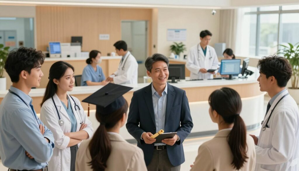 A vibrant and informative scene depicting recent medical graduates in a professional environment, highlighting employment opportunities in the medical field. In the foreground, a diverse group of young professionals, dressed in business attire, are engaged in a discussion, with one holding a medical diploma. In the middle ground, a modern healthcare setting showcases various roles, such as a doctor consulting a patient and a researcher analyzing data on a computer. The background features a bustling hospital reception area, symbolizing the dynamic healthcare environment. Warm, natural lighting bathes the scene, enhancing a hopeful and optimistic atmosphere. The composition captures a sense of ambition and professionalism, emphasizing the numerous career paths available to medical graduates. A vibrant and informative scene depicting recent medical graduates in a professional environment, highlighting employment opportunities in the medical field. In the foreground, a diverse group of young professionals, dressed in business attire, are engaged in a discussion, with one holding a medical diploma. In the middle ground, a modern healthcare setting showcases various roles, such as a doctor consulting a patient and a researcher analyzing data on a computer. The background features a bustling hospital reception area, symbolizing the dynamic healthcare environment. Warm, natural lighting bathes the scene, enhancing a hopeful and optimistic atmosphere. The composition captures a sense of ambition and professionalism, emphasizing the numerous career paths available to medical graduates.