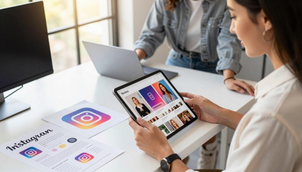 A vibrant and professional workspace showcasing a collaborative partnership between influencers and brands on Instagram. In the foreground, a stylish influencer in a smart-casual outfit is reviewing a digital tablet displaying colorful social media posts. In the middle, a sleek desk with branding materials, including a logo and marketing plans, signifies the collaboration. In the background, a large window allows natural sunlight to illuminate the scene, creating a warm and inviting atmosphere. The overall setting is modern and trendy, ideal for creativity and innovation, emphasizing the synergy between social media and brand partnerships. The image should convey professionalism, collaboration, and the lucrative world of influencer marketing, captured with a focused lens to highlight the intricate details of the workspace.