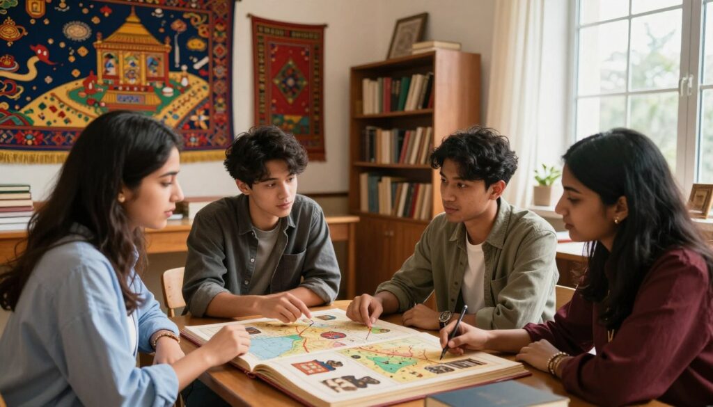 A vibrant and scholarly scene depicting an oriental studies and intercultural studies setting. In the foreground, a diverse group of three students—one Middle-Eastern woman, one East Asian man, and one South Asian woman—engaged in animated discussion over a large, open book showcasing maps and cultural artifacts. In the middle, a richly decorated classroom with traditional Eastern artwork, colorful textiles, and shelves filled with books in various languages, emphasizing a blend of cultures. The background features a large window with soft, natural light streaming in, casting gentle shadows and enhancing the warm atmosphere. The mood is inspiring and intellectually stimulating, inviting curiosity about different cultures and languages. A vibrant and scholarly scene depicting an oriental studies and intercultural studies setting. In the foreground, a diverse group of three students—one Middle-Eastern woman, one East Asian man, and one South Asian woman—engaged in animated discussion over a large, open book showcasing maps and cultural artifacts. In the middle, a richly decorated classroom with traditional Eastern artwork, colorful textiles, and shelves filled with books in various languages, emphasizing a blend of cultures. The background features a large window with soft, natural light streaming in, casting gentle shadows and enhancing the warm atmosphere. The mood is inspiring and intellectually stimulating, inviting curiosity about different cultures and languages.