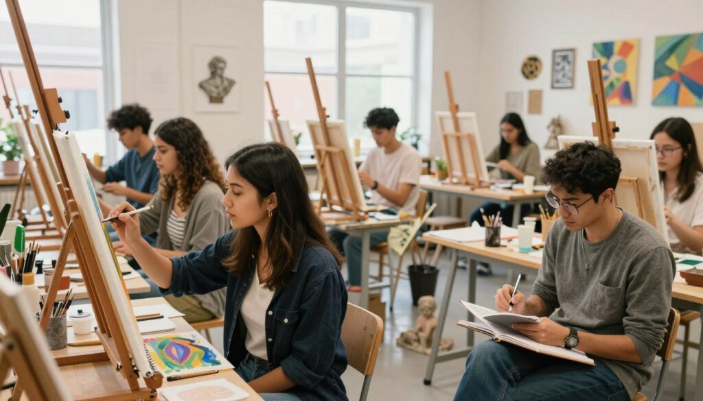 A vibrant art studio filled with creativity and enthusiasm, showcasing a diverse group of students actively engaging in their artistic pursuits. In the foreground, a young woman in professional casual attire is painting on a large canvas, while a man nearby sketches in a notebook. The middle ground features several easels with unfinished artworks and art supplies scattered around, illustrating various disciplines like painting, sculpture, and graphic design. In the background, large windows let in soft natural light, casting a warm glow throughout the room, enhancing the colors and textures of the art. The atmosphere is one of inspiration and collaboration, evoking a sense of excitement about artistic education and recruitment for art studies. The composition is well-balanced, with an inviting and dynamic energy, captured from a slight angle to create depth.