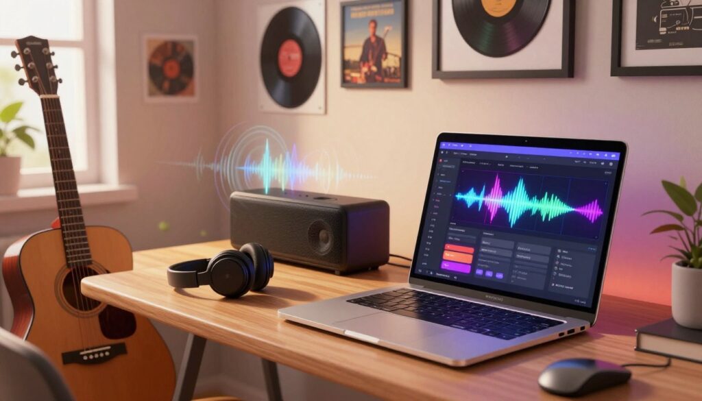 A vibrant digital illustration of a modern music streaming setup, showcasing a contemporary home office environment. In the foreground, a sleek laptop with music software open, its screen displaying colorful waveforms and streaming metrics. An acoustic guitar leans against the desk, while headphones are resting nearby, hinting at an artist’s workspace. In the middle ground, a wireless speaker emits sound waves that visually ripple through the air, symbolizing the reach of streaming services. The background features a creative wall with framed music records and equipment, bathed in warm, ambient lighting that creates a cozy and inspiring atmosphere. The perspective is slightly tilted, adding dynamism, while natural light filters in from a window, enhancing the inviting ambiance of the scene.
