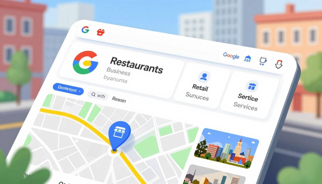 A vibrant illustration of a Google Maps interface displaying a business profile page. In the foreground, a focus on a bright, interactive map highlighting a location pin with a small storefront icon representing a local business. The middle ground features an enlarged view of the profile section, showcasing various categories such as "Restaurants," "Retail," and "Services," displayed in an organized layout. The background should capture a blurred urban landscape, hinting at a lively city scene, with buildings and trees subtly illustrated to create depth. Soft, natural lighting enhances the welcoming atmosphere, while the angle emphasizes the map interface, inviting viewers to explore different business categories. The overall mood is professional yet approachable, perfect for a business-centric article.