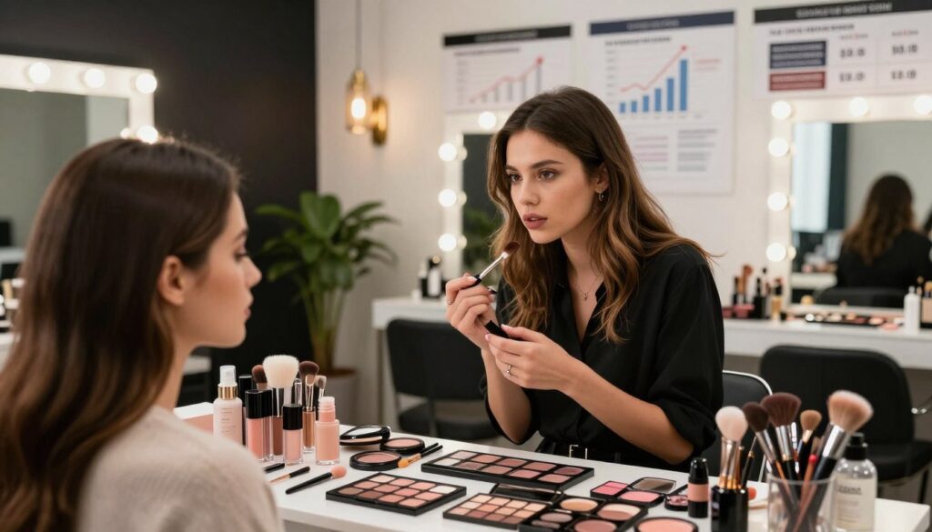 A vibrant, professional beauty industry scene showcases key factors influencing pricing in the beauty sector. In the foreground, a well-dressed makeup artist consults with a client, surrounded by an array of high-quality makeup products and tools, emphasizing their craftsmanship. The middle ground features a stylish salon ambiance with elegant décor, reflecting a modern beauty workspace. Soft, diffused lighting highlights the rich textures of cosmetics and the attention to detail in the artist's work. In the background, charts and visual aids subtly illustrate trends, demand, and client influences on beauty service prices. The overall mood is energetic and aspirational, capturing the professionalism and artistry inherent in the beauty industry while subtly hinting at economic factors.