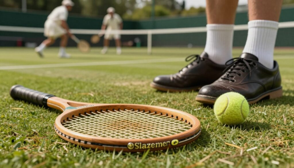 A vintage-inspired sports scene featuring classic Slazenger tennis equipment. In the foreground, an elegant wooden tennis racket with the iconic Slazenger logo prominently displayed against a vibrant green grass court. The middle ground shows a pair of polished tennis shoes and a vintage tennis ball, emphasizing the brand's rich heritage. In the background, a blurred image of an old-fashioned tennis match, with players dressed in 1920s-style white outfits, evokes nostalgia. Soft, natural lighting casts gentle shadows, creating a warm atmosphere that reflects the brand’s long-standing tradition in sports. The angle is slightly inclined, giving a dynamic view of the scene, encapsulating both history and quality intertwined with the essence of Slazenger.