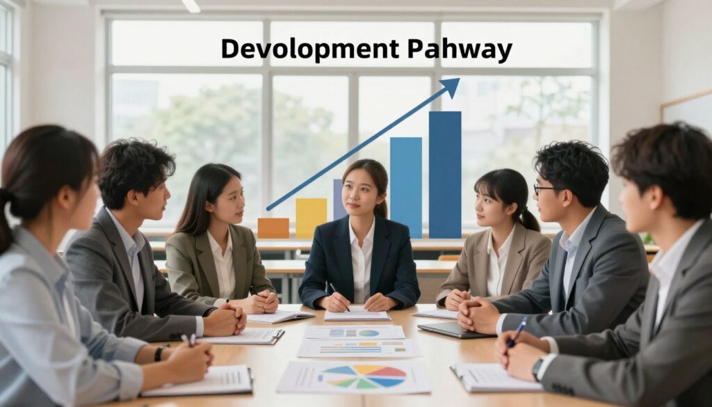 A visual representation of a professional development pathway for a school pedagogue. In the foreground, a diverse group of educators dressed in professional attire, engaged in a thoughtful discussion around a large table with educational materials, graphs, and charts illustrating career advancement opportunities. In the middle ground, a career ladder graphic is prominently displayed, symbolizing the tiers of advancement from entry-level educator to senior educational consultant. The background features a classroom environment softly lit by natural light from large windows, creating a warm and inviting atmosphere. The mood is optimistic and inspiring, showcasing the importance of growth, learning, and professional success within the educational field. The composition should be clear and focused, avoiding any distractions, to effectively convey the theme of career growth and salary impact.
