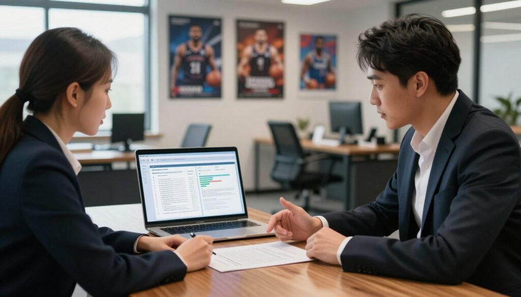 A visualization representing the key factors influencing athlete salaries in sports, featuring a thoughtful scene in a modern office environment. In the foreground, a professional male and female sports agent are engaged in a discussion, reviewing a contract on a polished wooden table, both dressed in smart business attire. In the middle, an open laptop displays various statistics and contract figures, illustrating earnings, bonuses, and income sources. The background fades into a bustling sports agency office with motivational posters of athletes, showcasing a blend of focused determination and success. Soft, natural lighting from large windows casts a warm glow on the scene, creating an atmosphere of professionalism and ambition, with a slightly blurred depth of field to emphasize the foreground details. A visualization representing the key factors influencing athlete salaries in sports, featuring a thoughtful scene in a modern office environment. In the foreground, a professional male and female sports agent are engaged in a discussion, reviewing a contract on a polished wooden table, both dressed in smart business attire. In the middle, an open laptop displays various statistics and contract figures, illustrating earnings, bonuses, and income sources. The background fades into a bustling sports agency office with motivational posters of athletes, showcasing a blend of focused determination and success. Soft, natural lighting from large windows casts a warm glow on the scene, creating an atmosphere of professionalism and ambition, with a slightly blurred depth of field to emphasize the foreground details.