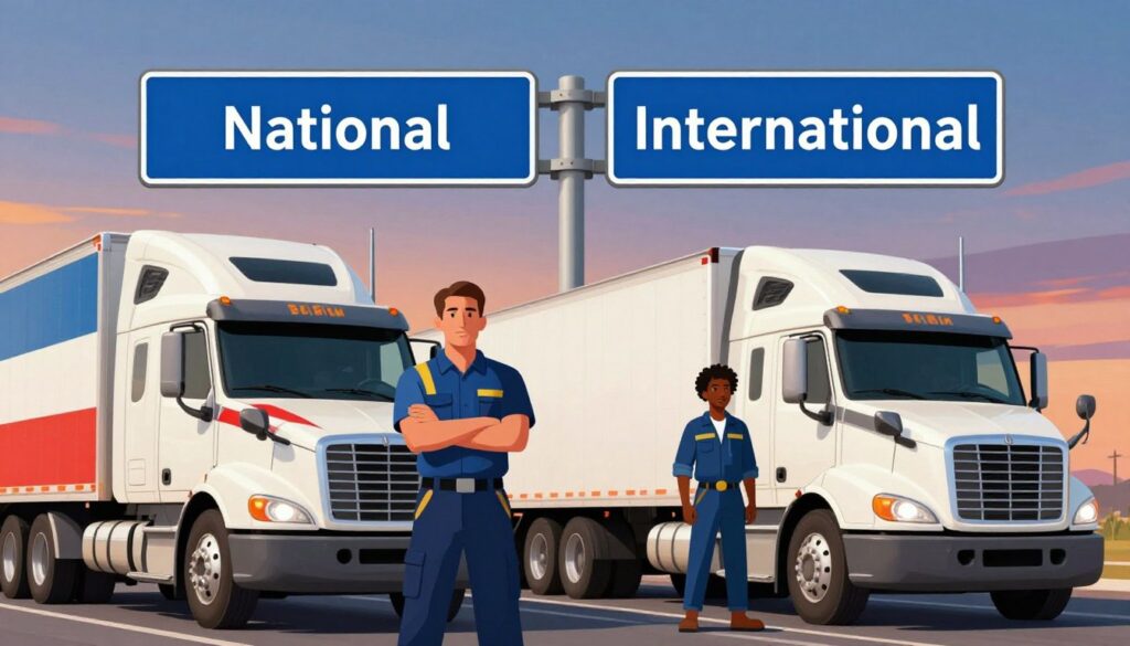 A visually compelling infographic-style illustration depicting the salary differences between national and international truck drivers. In the foreground, show two truck drivers: one in a national trucking uniform, with a confident expression, standing beside a domestic truck adorned with the country’s flag. The other driver wears an international trucking outfit, showcasing a diverse cultural background, next to a long-haul truck represented with international symbols. In the middle ground, include a split road sign indicating "National" on one side and "International" on the other. The background features a gradient sky transitioning from day to night, symbolizing the varied working hours. Soft, natural lighting casts a warm glow on the scene, enhancing a professional yet informative atmosphere. The overall mood should reflect the challenges and rewards of each transportation sector, inviting curiosity and engagement.