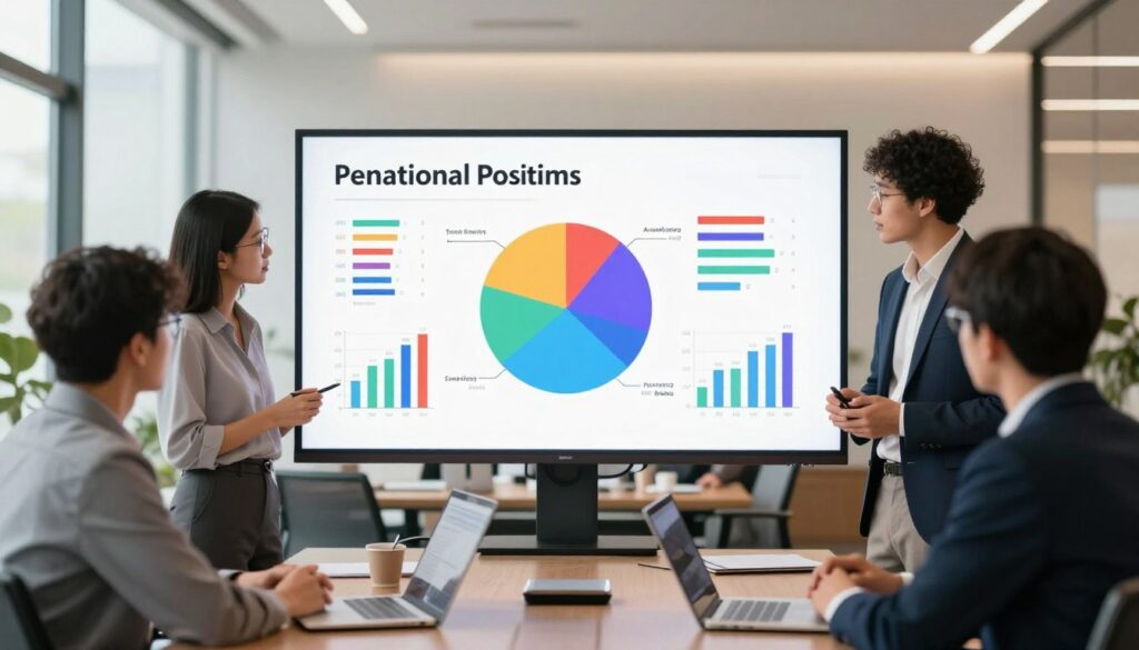 A visually engaging and informative illustration depicting the structure of salaries in operational positions. In the foreground, a professional business team of diverse individuals in smart attire gathers around a large screen displaying colorful infographics and charts. In the middle, a detailed pie chart highlights various salary ranges and additional benefits, showcasing clarity and professionalism. The background features a modern office environment with sleek furniture, large windows allowing natural light to filter in, and subtle greenery for a fresh atmosphere. The overall mood is collaborative and focused, emphasizing productivity and teamwork. Soft, warm lighting enhances the professional setting, creating an inviting yet serious tone, ideal for an analytical discussion. A visually engaging and informative illustration depicting the structure of salaries in operational positions. In the foreground, a professional business team of diverse individuals in smart attire gathers around a large screen displaying colorful infographics and charts. In the middle, a detailed pie chart highlights various salary ranges and additional benefits, showcasing clarity and professionalism. The background features a modern office environment with sleek furniture, large windows allowing natural light to filter in, and subtle greenery for a fresh atmosphere. The overall mood is collaborative and focused, emphasizing productivity and teamwork. Soft, warm lighting enhances the professional setting, creating an inviting yet serious tone, ideal for an analytical discussion.