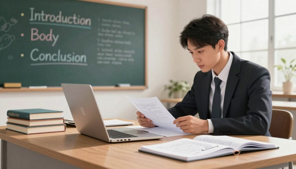 A visually engaging illustration depicting the structure of an academic paper. In the foreground, a neatly organized desk filled with essential items: an open laptop displaying a document outline, a stack of reference books, and a notepad filled with handwritten notes. In the middle ground, an academic professional dressed in business attire, deeply focused on drafting the paper, surrounded by a soft glow of natural light coming from a nearby window. In the background, a chalkboard with key points such as “Introduction,” “Body,” and “Conclusion” neatly written with colorful chalk, emphasizing the outline of the paper. The overall atmosphere is calm and studious, with warm lighting that invites concentration and creativity. A visually engaging illustration depicting the structure of an academic paper. In the foreground, a neatly organized desk filled with essential items: an open laptop displaying a document outline, a stack of reference books, and a notepad filled with handwritten notes. In the middle ground, an academic professional dressed in business attire, deeply focused on drafting the paper, surrounded by a soft glow of natural light coming from a nearby window. In the background, a chalkboard with key points such as “Introduction,” “Body,” and “Conclusion” neatly written with colorful chalk, emphasizing the outline of the paper. The overall atmosphere is calm and studious, with warm lighting that invites concentration and creativity.
