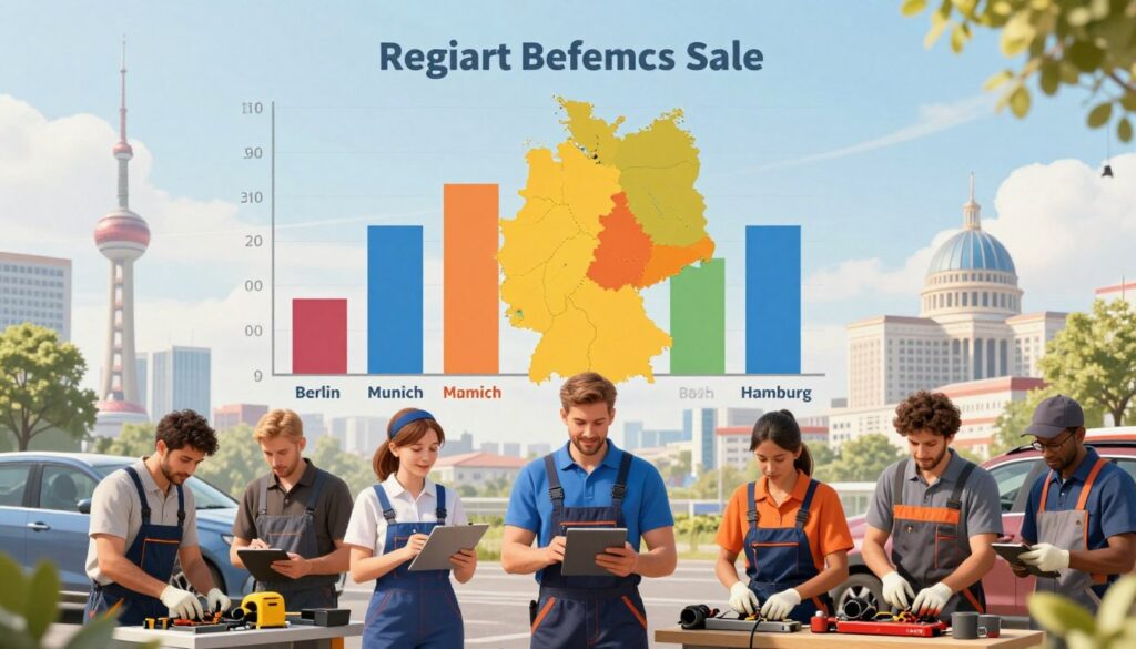 A visually engaging infographic-style illustration that depicts the salary differences among mechanics in various regions of Germany. In the foreground, show a diverse group of mechanics in professional attire, each representing different regions, engaged in various automotive tasks. The middle ground features a bar graph comparing salaries across major cities like Berlin, Munich, and Hamburg, using distinct colors for each city. The background includes landmarks from these cities, subtly integrated to enhance identity without distracting. Utilize bright, natural lighting to create an optimistic and informative atmosphere. The scene should be well-composed, with an emphasis on clarity and accessibility, inviting viewers to understand the regional disparities in mechanics' salaries. A visually engaging infographic-style illustration that depicts the salary differences among mechanics in various regions of Germany. In the foreground, show a diverse group of mechanics in professional attire, each representing different regions, engaged in various automotive tasks. The middle ground features a bar graph comparing salaries across major cities like Berlin, Munich, and Hamburg, using distinct colors for each city. The background includes landmarks from these cities, subtly integrated to enhance identity without distracting. Utilize bright, natural lighting to create an optimistic and informative atmosphere. The scene should be well-composed, with an emphasis on clarity and accessibility, inviting viewers to understand the regional disparities in mechanics' salaries.