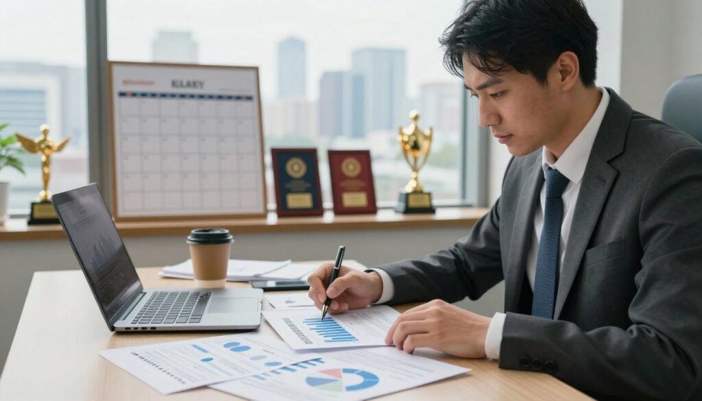 A visually engaging representation of factors influencing journalist salaries, featuring a professional journalist in business attire seated at a modern desk cluttered with notes, a laptop, and a coffee cup. The foreground showcases a close-up of their focused expression while analyzing data charts and salary reports. In the middle, elements like a wall calendar and framed awards subtly highlight the industry’s acknowledgment of performance. The background depicts a city skyline through a large window, suggesting a bustling media environment. Soft, natural lighting filters in, creating a warm and inviting atmosphere, with a slight bokeh effect for depth. This image captures the essence of salary determinants in the journalism field without any text or distractions. A visually engaging representation of factors influencing journalist salaries, featuring a professional journalist in business attire seated at a modern desk cluttered with notes, a laptop, and a coffee cup. The foreground showcases a close-up of their focused expression while analyzing data charts and salary reports. In the middle, elements like a wall calendar and framed awards subtly highlight the industry’s acknowledgment of performance. The background depicts a city skyline through a large window, suggesting a bustling media environment. Soft, natural lighting filters in, creating a warm and inviting atmosphere, with a slight bokeh effect for depth. This image captures the essence of salary determinants in the journalism field without any text or distractions.