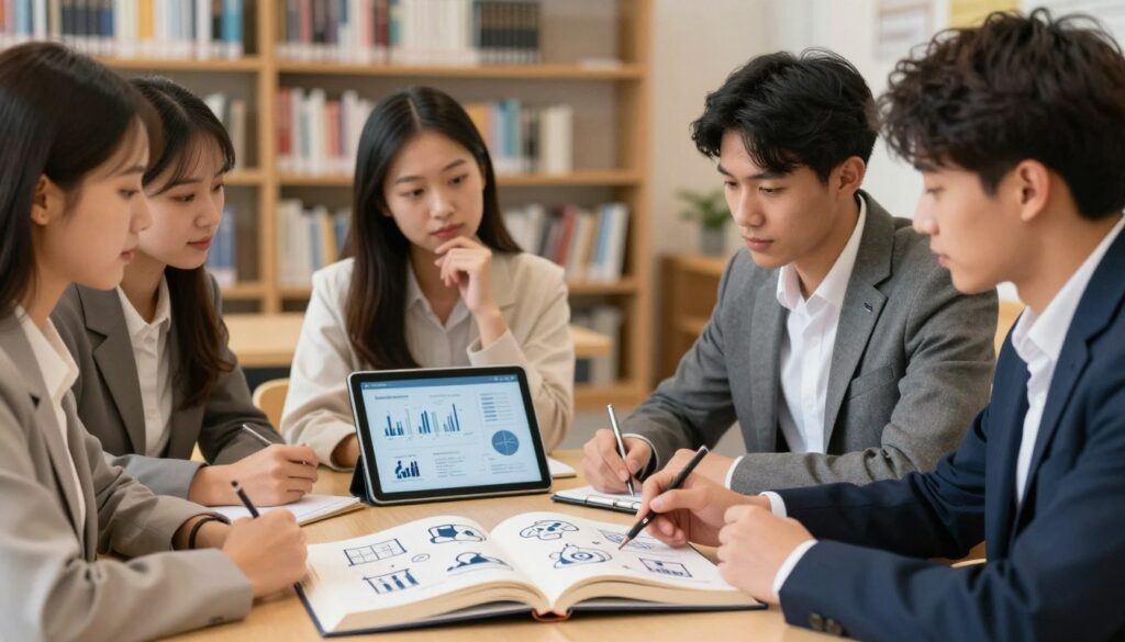 A visually engaging scene illustrating the concept of academic paths, featuring an open book with pages displaying icons of various fields such as language, business, and international relations. In the foreground, a diverse group of young professionals in smart business attire are gathered around a table, actively discussing and analyzing their choices. The middle ground shows a thoughtful young woman pointing to a chart on a digital tablet, while a young man holds a notepad, taking notes. In the background, a softly lit library setting with shelves filled with educational resources enhances the intellectual atmosphere. The scene is bathed in warm, natural lighting, evoking a mood of inspiration and collaboration, with a shallow depth of field to emphasize the foreground discussion. A visually engaging scene illustrating the concept of academic paths, featuring an open book with pages displaying icons of various fields such as language, business, and international relations. In the foreground, a diverse group of young professionals in smart business attire are gathered around a table, actively discussing and analyzing their choices. The middle ground shows a thoughtful young woman pointing to a chart on a digital tablet, while a young man holds a notepad, taking notes. In the background, a softly lit library setting with shelves filled with educational resources enhances the intellectual atmosphere. The scene is bathed in warm, natural lighting, evoking a mood of inspiration and collaboration, with a shallow depth of field to emphasize the foreground discussion.