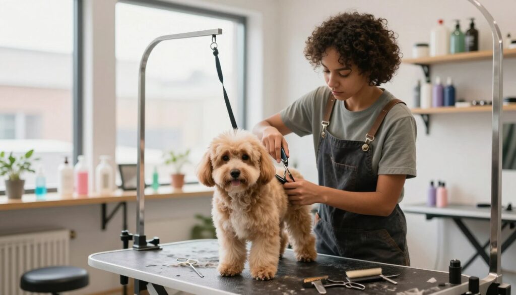 A well-lit grooming workshop featuring a professional groomer in modest casual clothing, focused on a fluffy dog being groomed on a large table. In the foreground, the groomer, a person of diverse descent with an attentive expression, expertly uses grooming tools like clippers and brushes. The middle ground shows various grooming supplies, including shampoos and scissors, organized on shelves. In the background, large windows let in soft, natural light, illuminating a modern and clean space. The atmosphere is warm and inviting, emphasizing a sense of professionalism and care in the grooming industry, showcasing the importance of professional grooming courses as a foundation for a successful career.