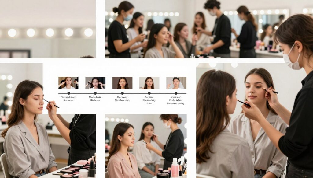A well-organized scene illustrating the career progression of a makeup artist, divided into three distinct stages. In the foreground, a makeup artist is applying makeup to a model in a bright, well-lit studio, showcasing professional business attire. In the middle, display a timeline on a stylish board showing stages from beginner gigs to high-profile bridal makeup sessions, with small images or icons representing each stage. In the background, a softly blurred view of a bustling beauty salon filled with cheering clients and fellow artists, highlighting the collaborative atmosphere. Use warm, inviting lighting to create a sense of growth and opportunity, capturing the essence of hard work and professionalism in the beauty industry.