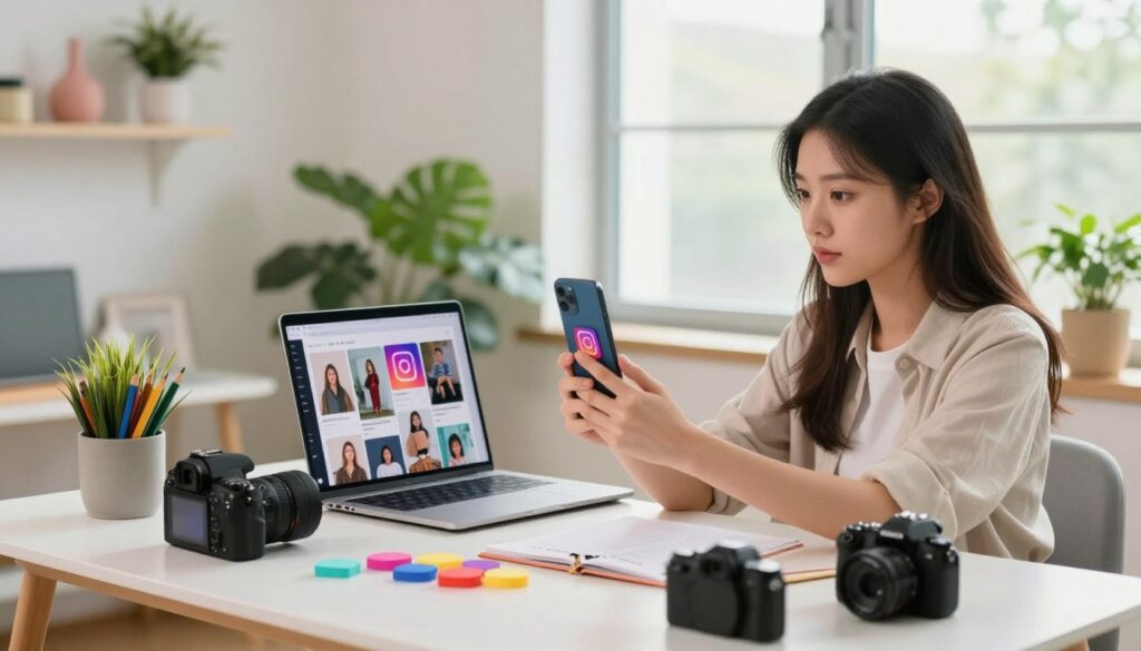 A young content creator sitting at a stylish desk, surrounded by a modern workspace filled with trendy decor and plants. She is wearing smart casual attire, focused on recording a short video on her smartphone, showcasing how to create engaging UGC for Instagram. In the foreground, various camera equipment and colorful props are neatly arranged, emphasizing creativity. The middle ground features an open laptop displaying a vibrant Instagram feed filled with visually appealing posts. The background consists of a bright, sunlit room with large windows, casting soft light that enhances the inviting atmosphere. The overall mood is energetic and inspiring, reflecting the essence of UGC content creation.