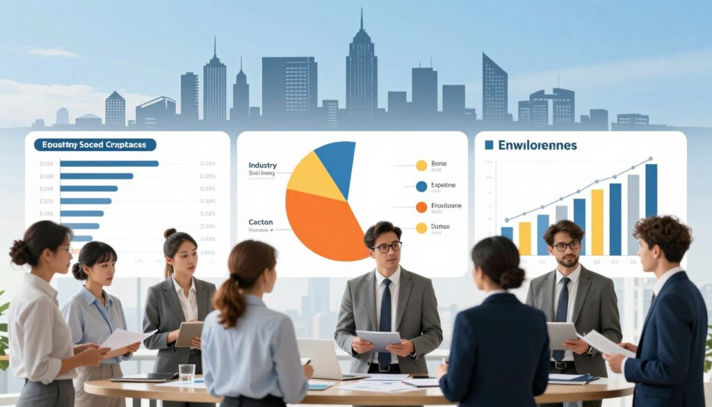 An infographic-style illustration depicting various factors influencing salary levels in Germany. In the foreground, a diverse group of professionals in business attire discussing graphs and charts that detail salary statistics, cost of living, and employment rates. In the middle, a large pie chart and bar graphs showcasing data points, such as industry sectors, experience levels, and education factors. The background features the silhouette of a German city skyline under a clear blue sky, symbolizing economic activity. Soft, natural lighting enhances the professional mood, while a slight depth of field gives focus to the conversation in the foreground, creating an insightful atmosphere. An infographic-style illustration depicting various factors influencing salary levels in Germany. In the foreground, a diverse group of professionals in business attire discussing graphs and charts that detail salary statistics, cost of living, and employment rates. In the middle, a large pie chart and bar graphs showcasing data points, such as industry sectors, experience levels, and education factors. The background features the silhouette of a German city skyline under a clear blue sky, symbolizing economic activity. Soft, natural lighting enhances the professional mood, while a slight depth of field gives focus to the conversation in the foreground, creating an insightful atmosphere.